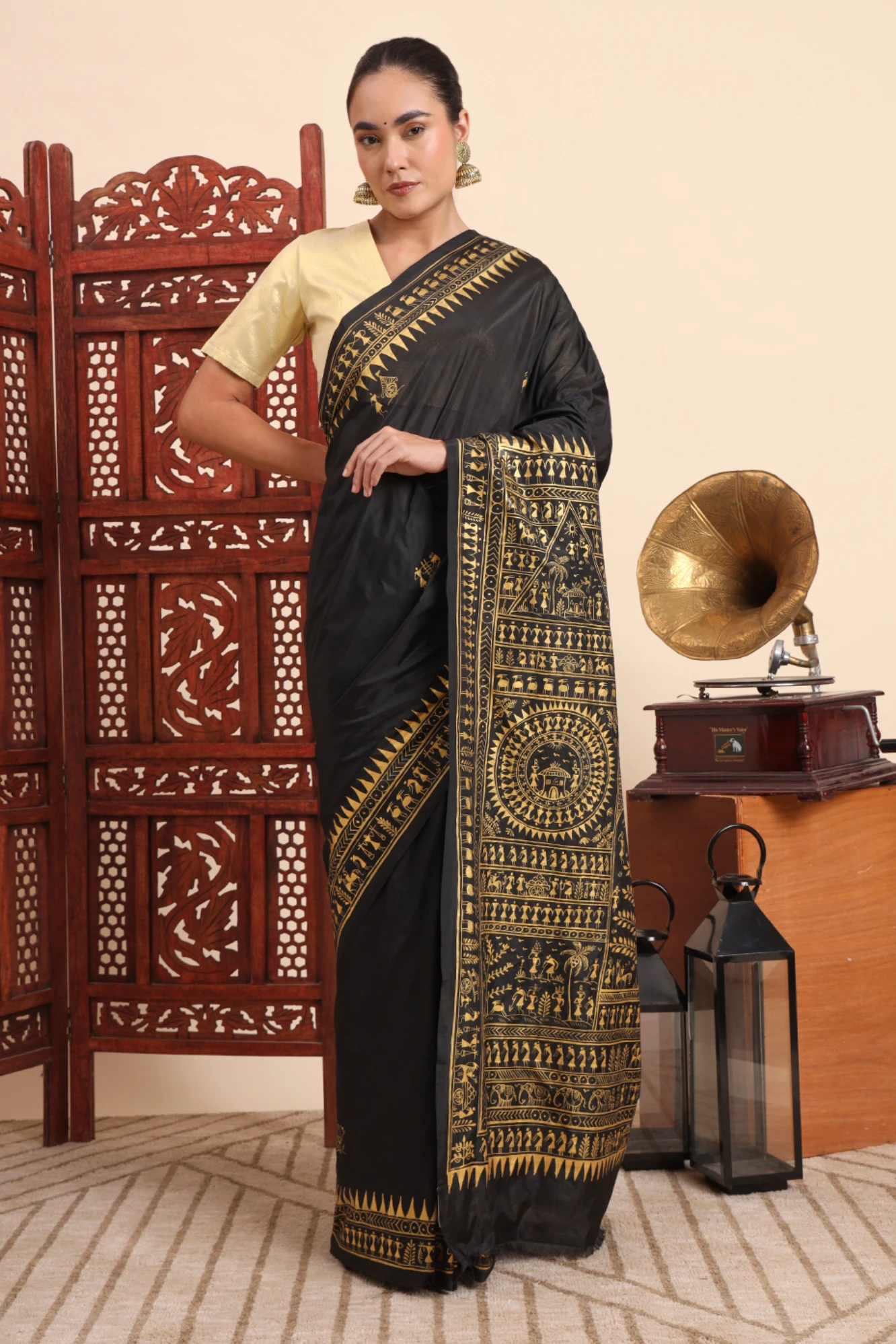 Handpainted Tribal Art Saree – Black with Golden Artwork