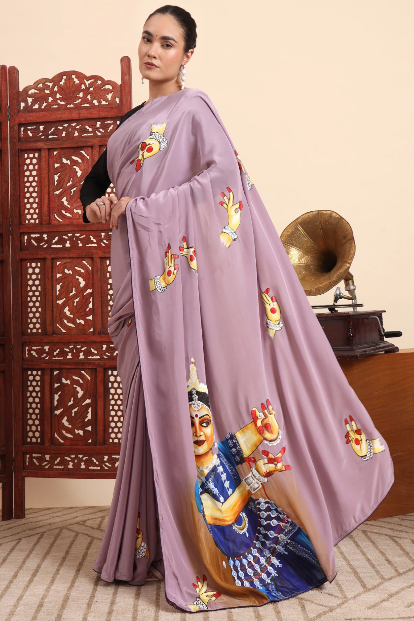 Crape Saree with Handpainted Odissi Dance Theme