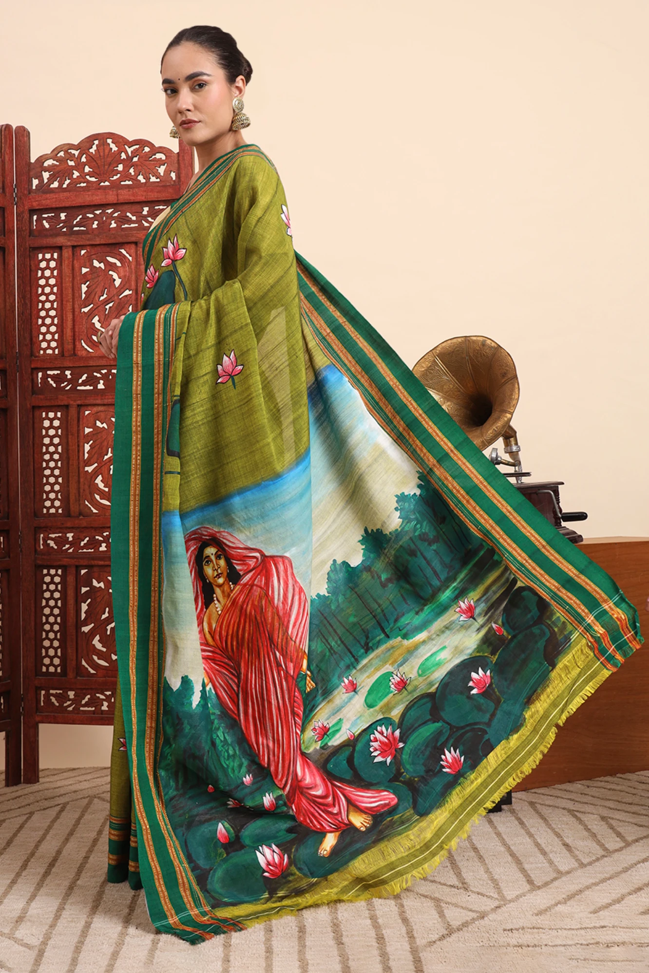 Ilkal Cotton Silk Saree – Handpainted Padmini Portrait