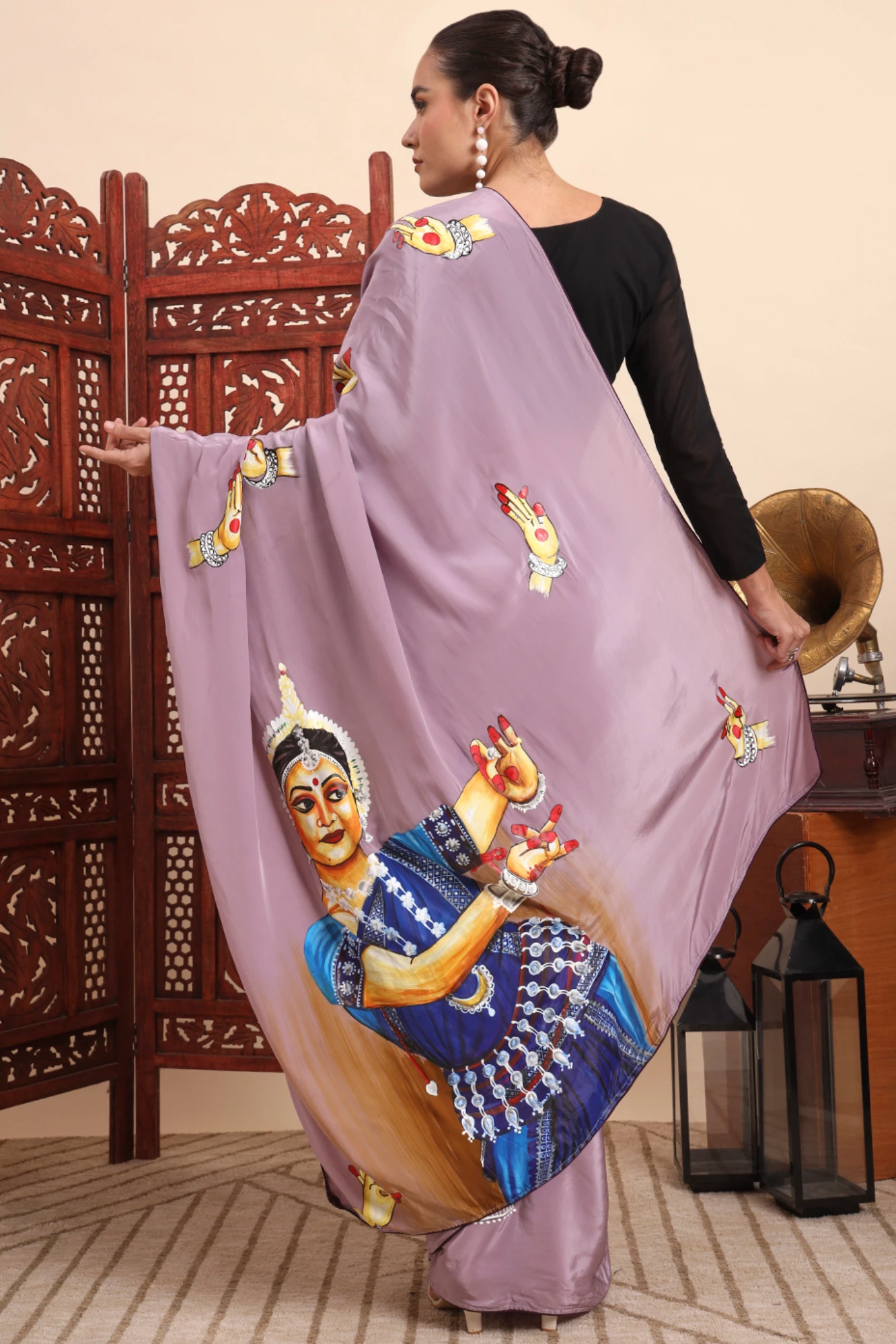 Crape Saree with Handpainted Odissi Dance Theme