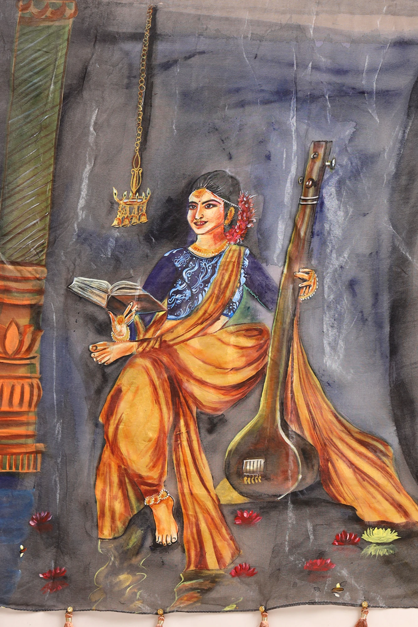 Handpainted Pure Tissue Saree – Musical Lady with Sitar, Book & Music notes Motif