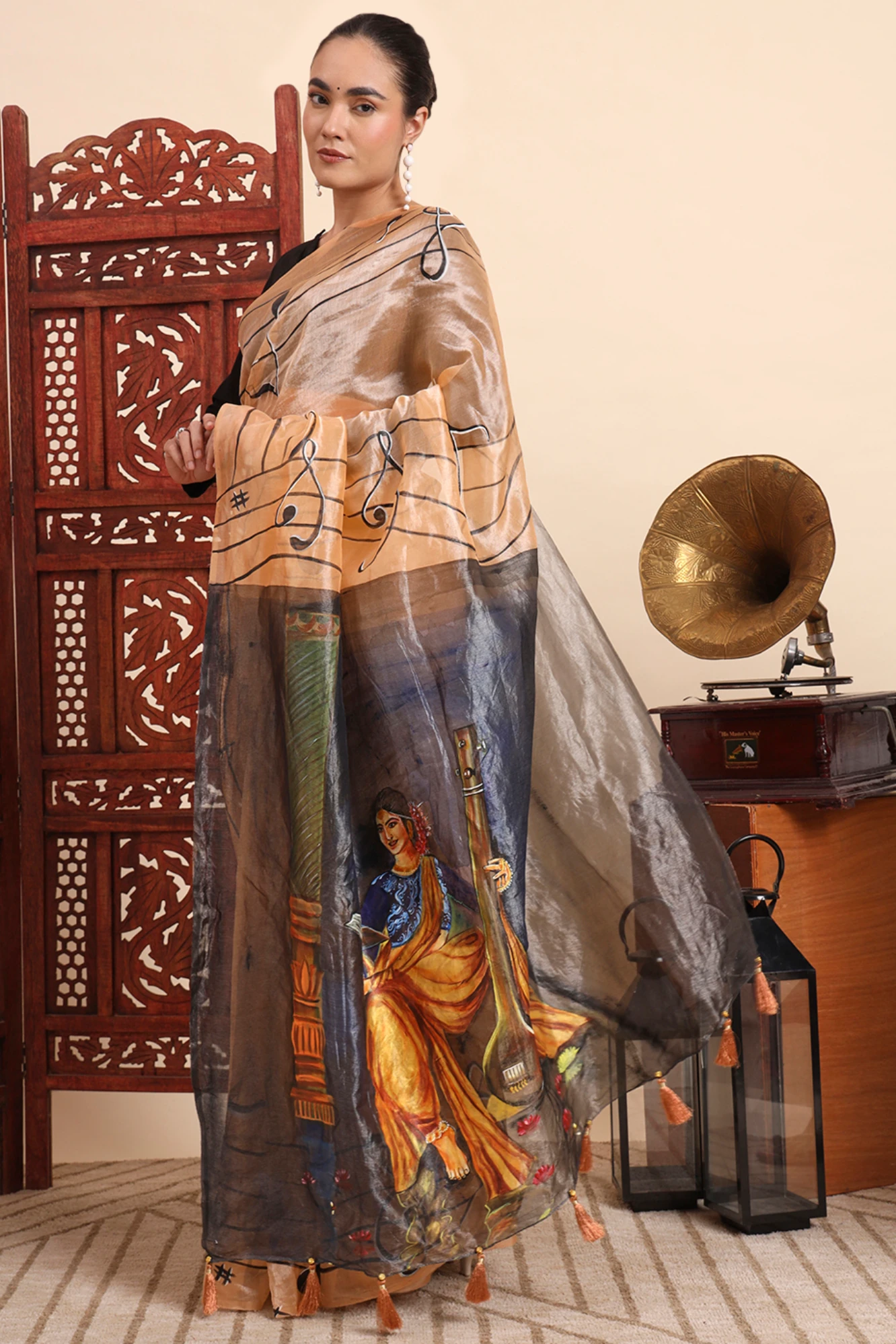 Handpainted Pure Tissue Saree – Musical Lady with Sitar, Book & Music notes Motif
