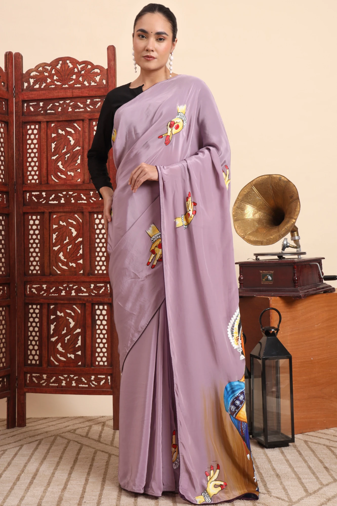 Crape Saree with Handpainted Odissi Dance Theme