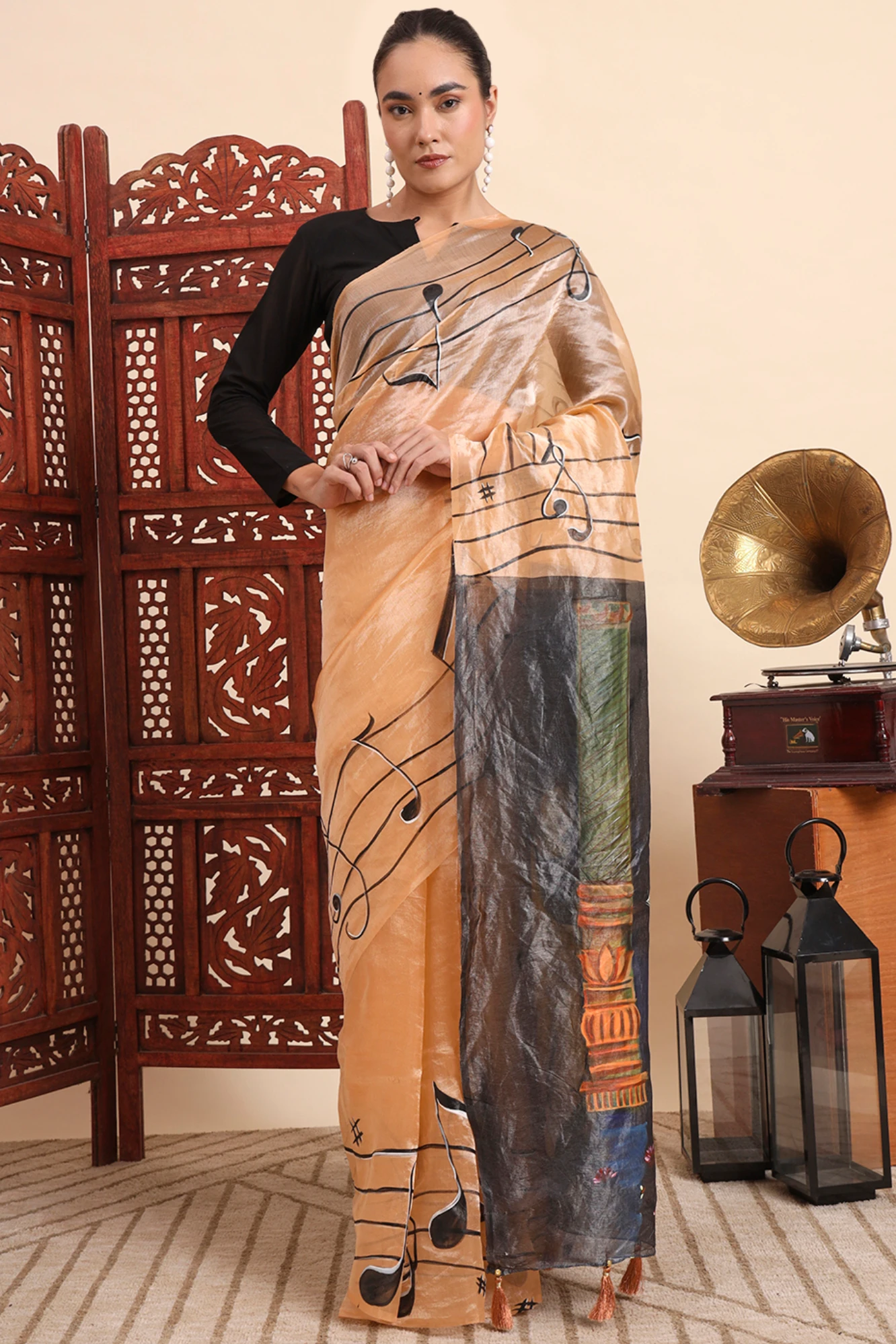 Handpainted Pure Tissue Saree – Musical Lady with Sitar, Book & Music notes Motif