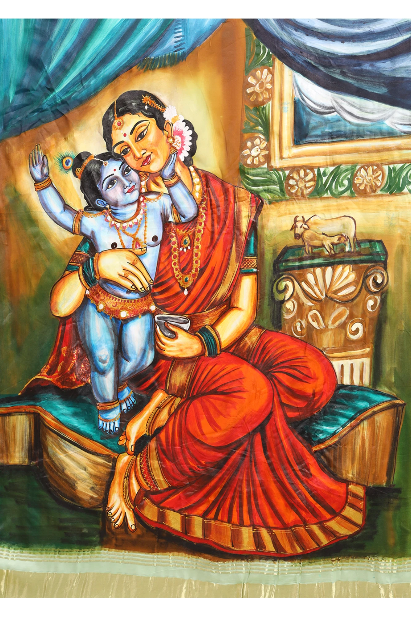 Handpainted Modern Art Saree – Yashoda & Krishna| Artistic Mother-Child Saree for Festive & Ethnic Wear