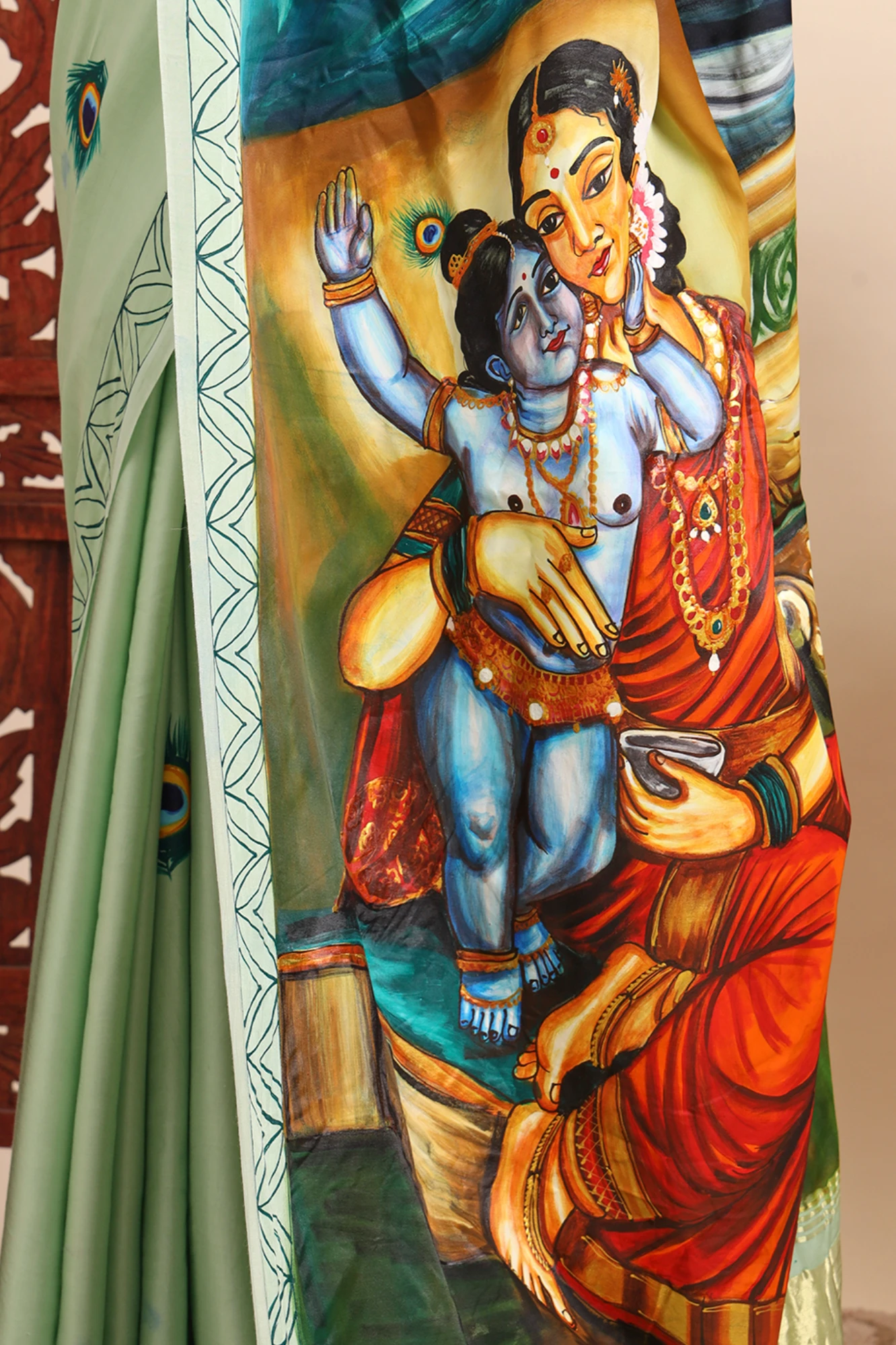 Handpainted Modern Art Saree – Yashoda & Krishna| Artistic Mother-Child Saree for Festive & Ethnic Wear