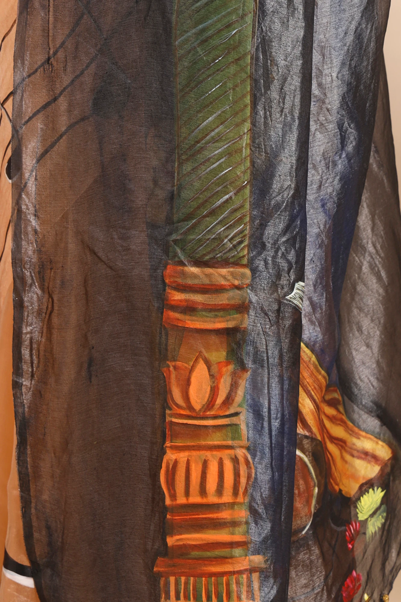 Handpainted Pure Tissue Saree – Musical Lady with Sitar, Book & Music notes Motif