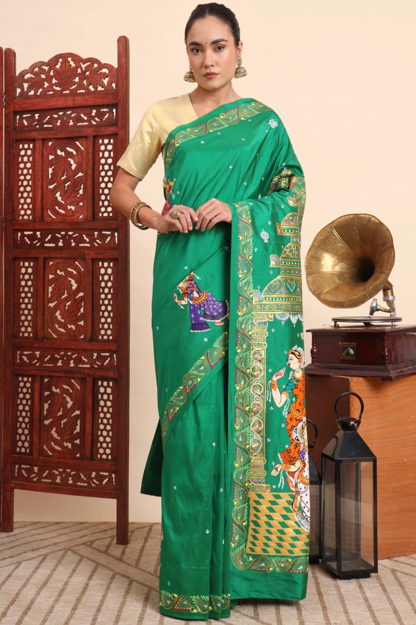 Handpainted Pattachitra Saree – Konark Mandap with Odissi Dancers