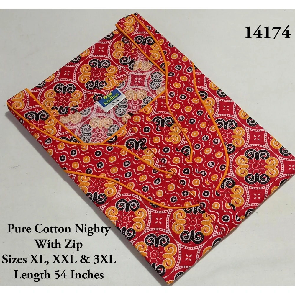 Light Weight Soft Cotton Nighty (XXL(46 to 48)/54/Pure Cotton/Multicolor/With Zip)