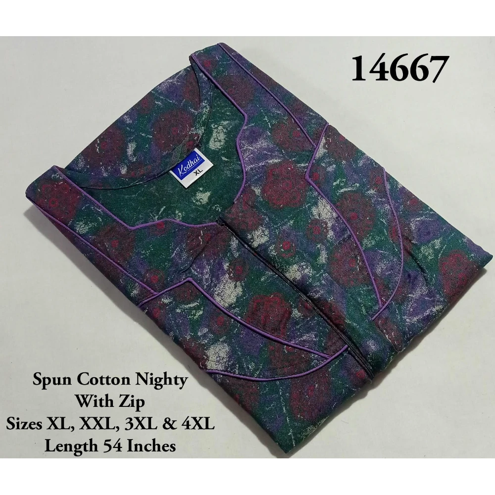 Spun Cotton Nighty (XL(44)/54/Spun Cotton/Multicolor/With Zip)