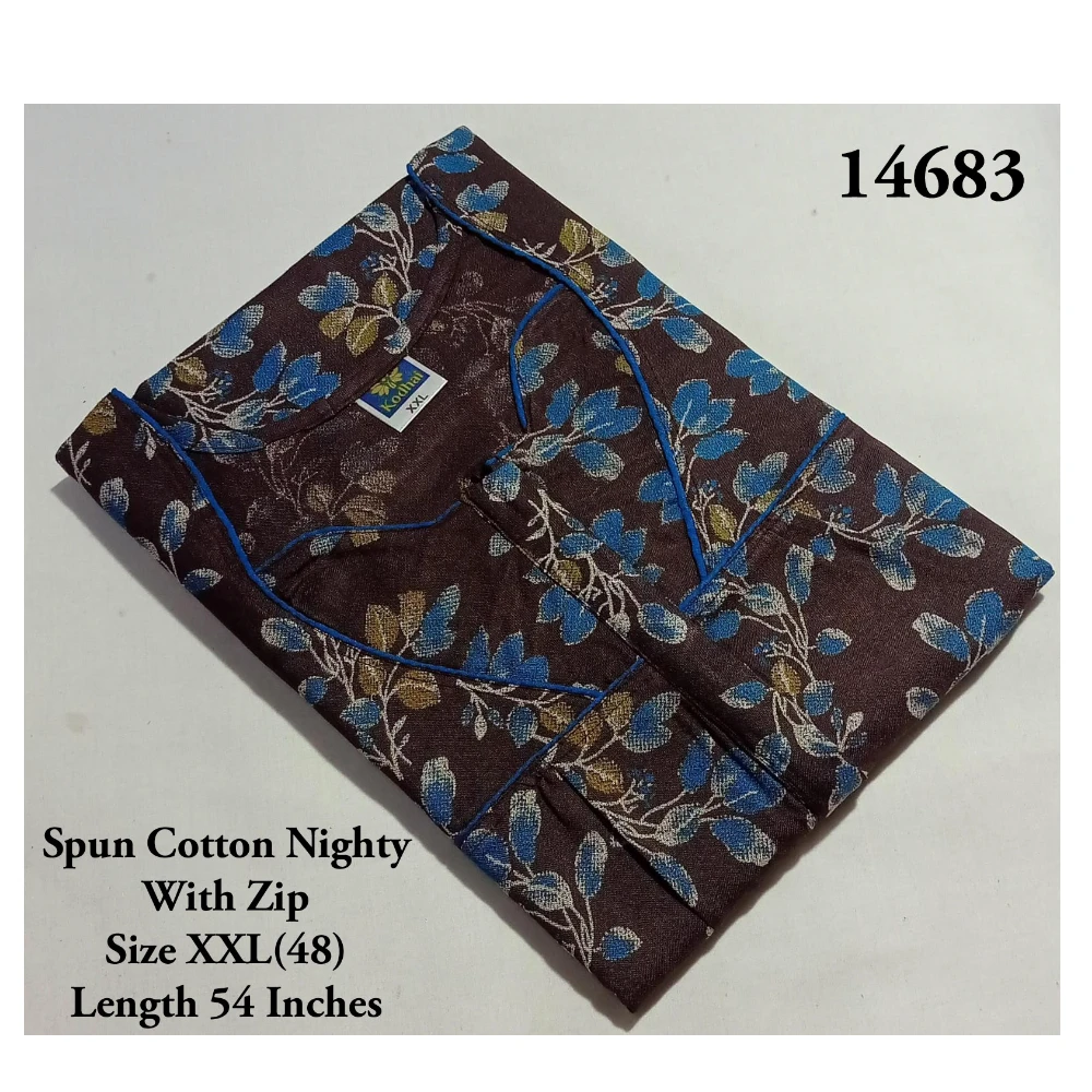 Spun Cotton Nighty (XXL(48)/54/Pure Cotton/Multicolor/With Zip)