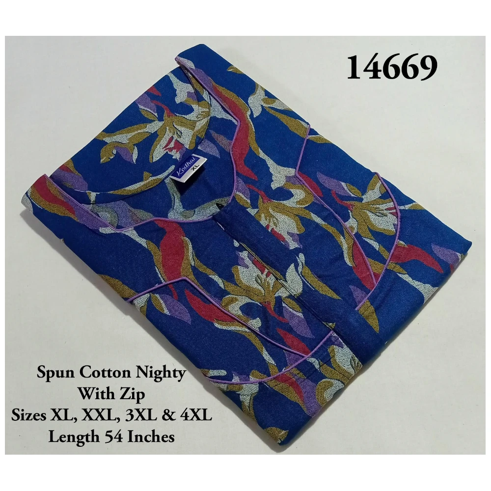 Spun Cotton Nighty (XL(44)/54/Spun Cotton/Multicolor/With Zip)