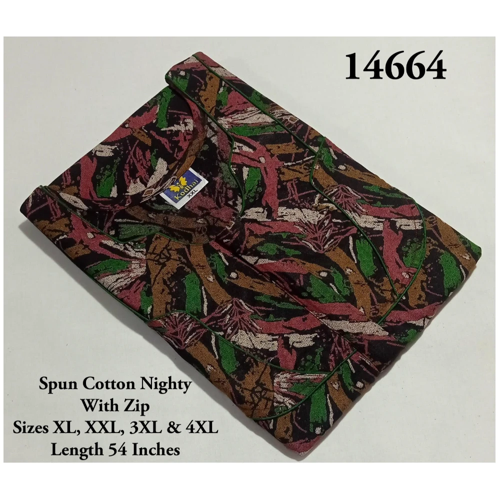 Soft Cotton Front Zip Nighty (XL(44)/54/Spun Cotton/Multicolor/With Zip)