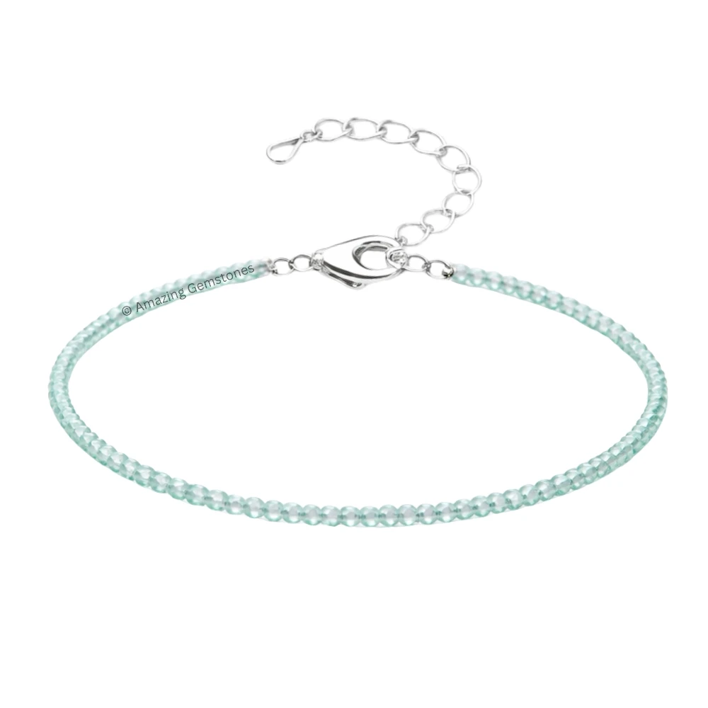 Aqua Chalcedony Crystal Anklet - 2mm Faceted Bead (Silver)