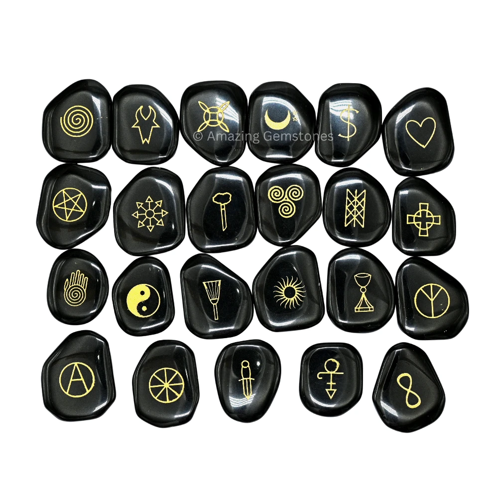 Black Agate Wiccan Engraved Stones (Set of 23)