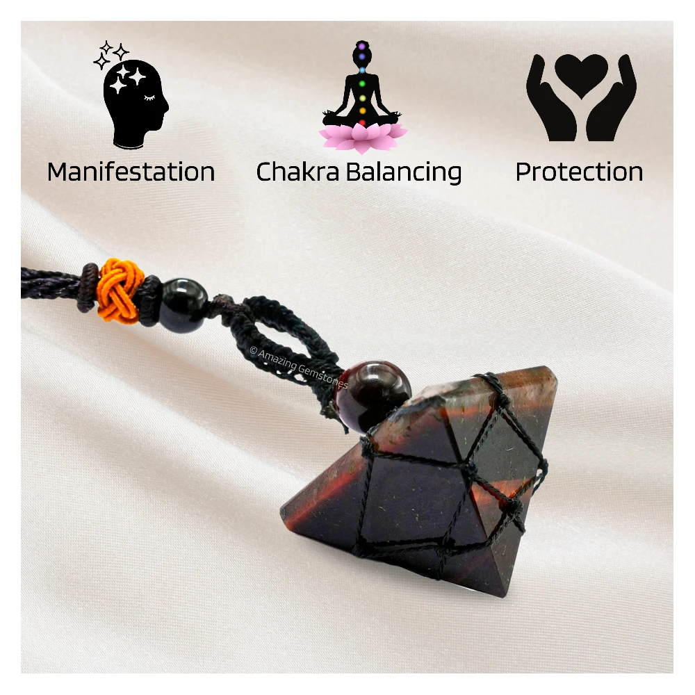 Red Tiger Eye Pyramid Pendant Necklace (Macrame)