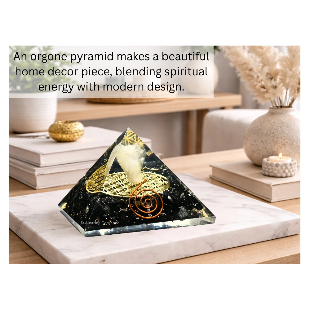 Black Tourmaline Orgone Pyramid - Flower of Life with Angel