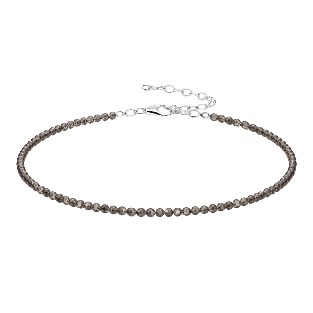 Smoky Quartz Crystal Anklet - 2mm Faceted Bead (Silver)