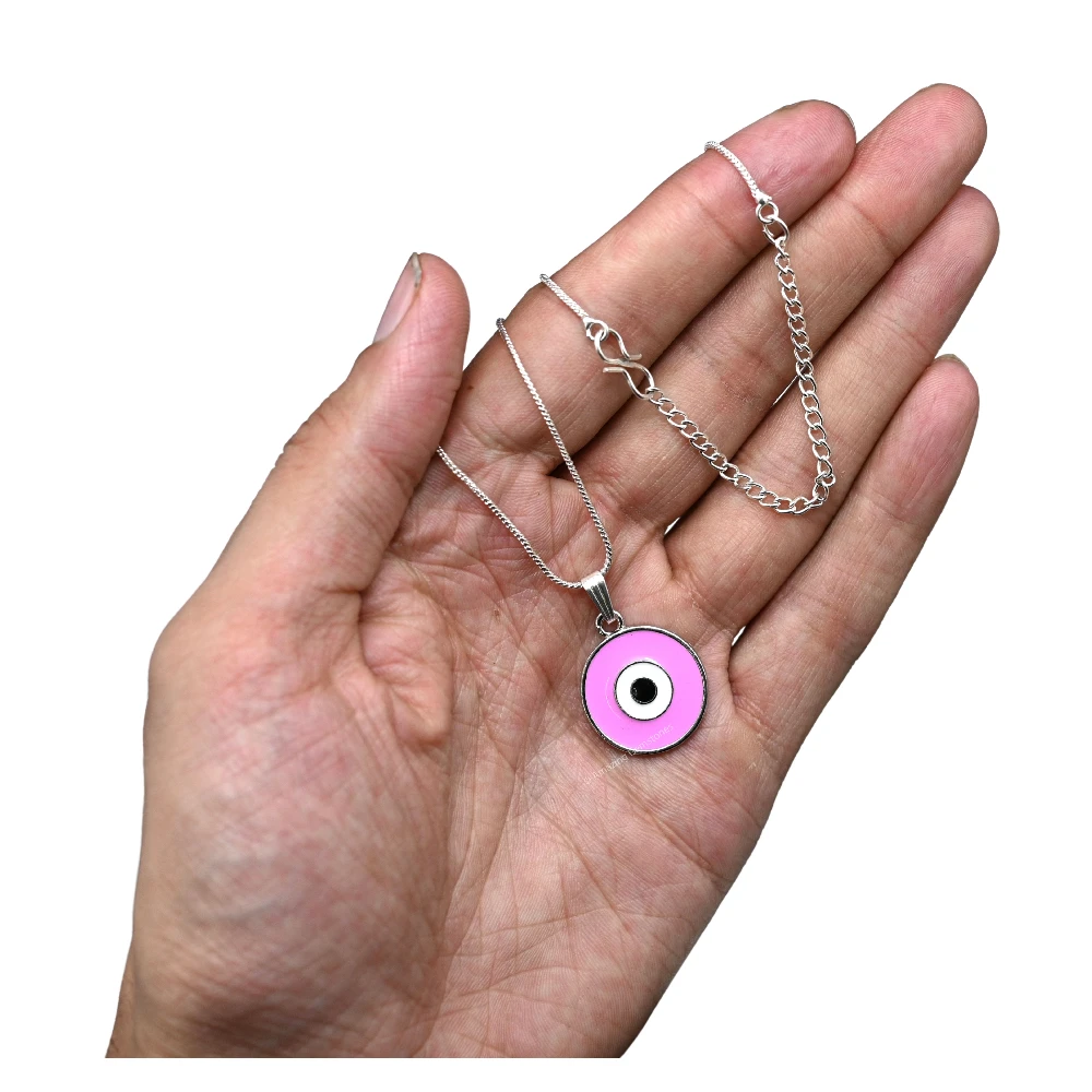 Pink Evil Eye Pendant - Round (Silver)