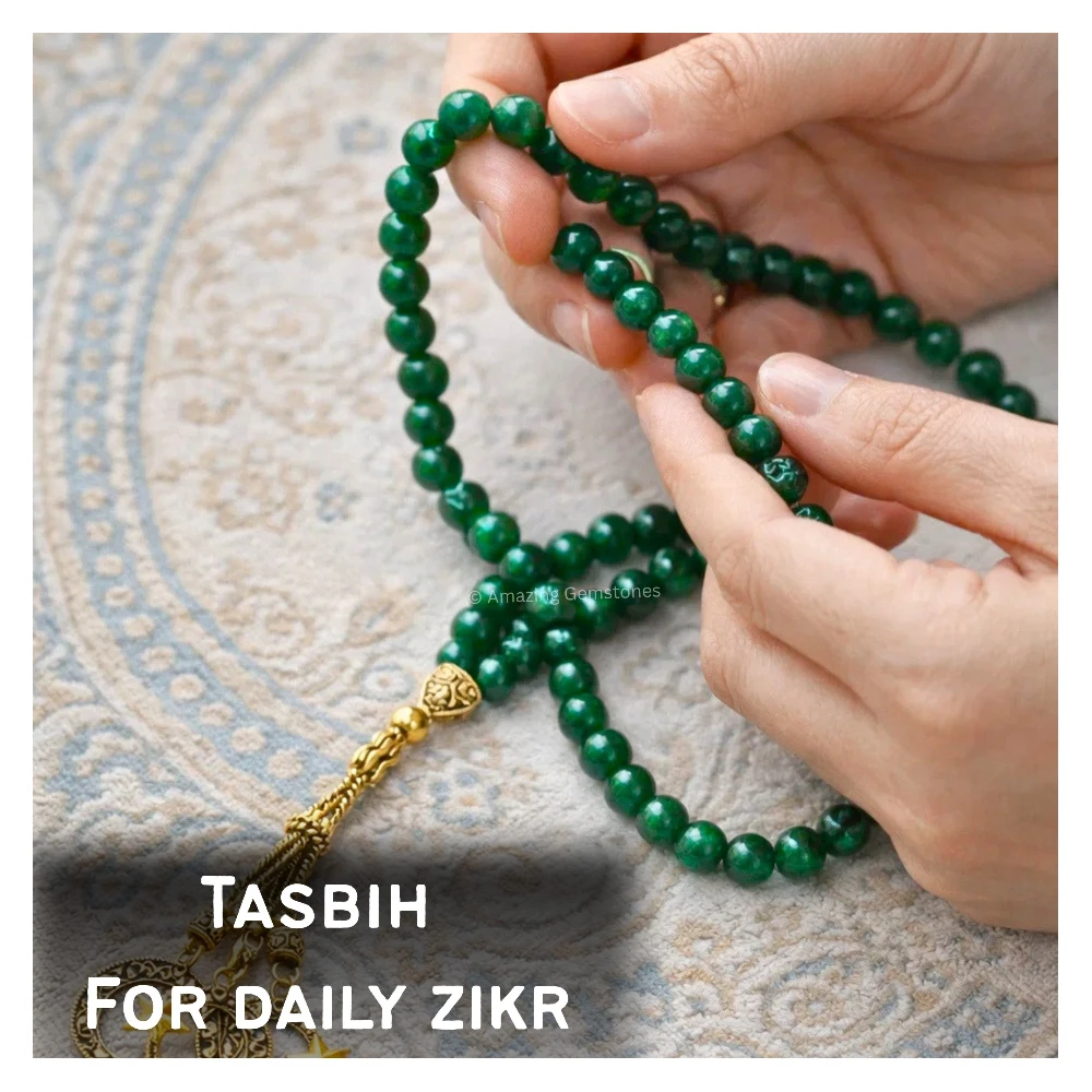 Green Jade (Dye) Crystal Tasbeeh Sibha Prayer Beads (Gold)