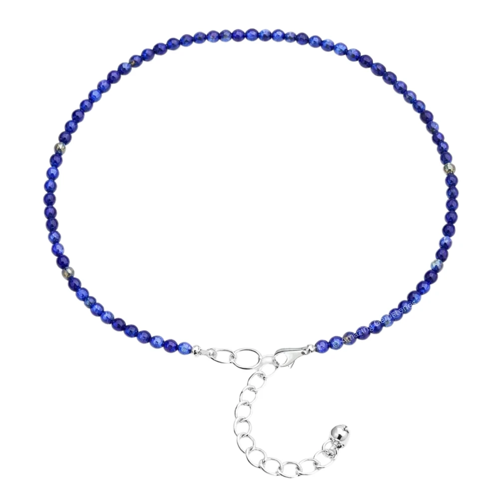 Lapis Lazuli Crystal Anklet - 2mm Faceted Bead (Silver)