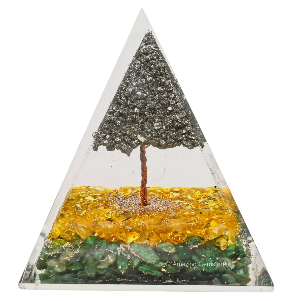 Green Aventurine, Citrine Orgone Pyramid with Pyrite Tree - 70 mm