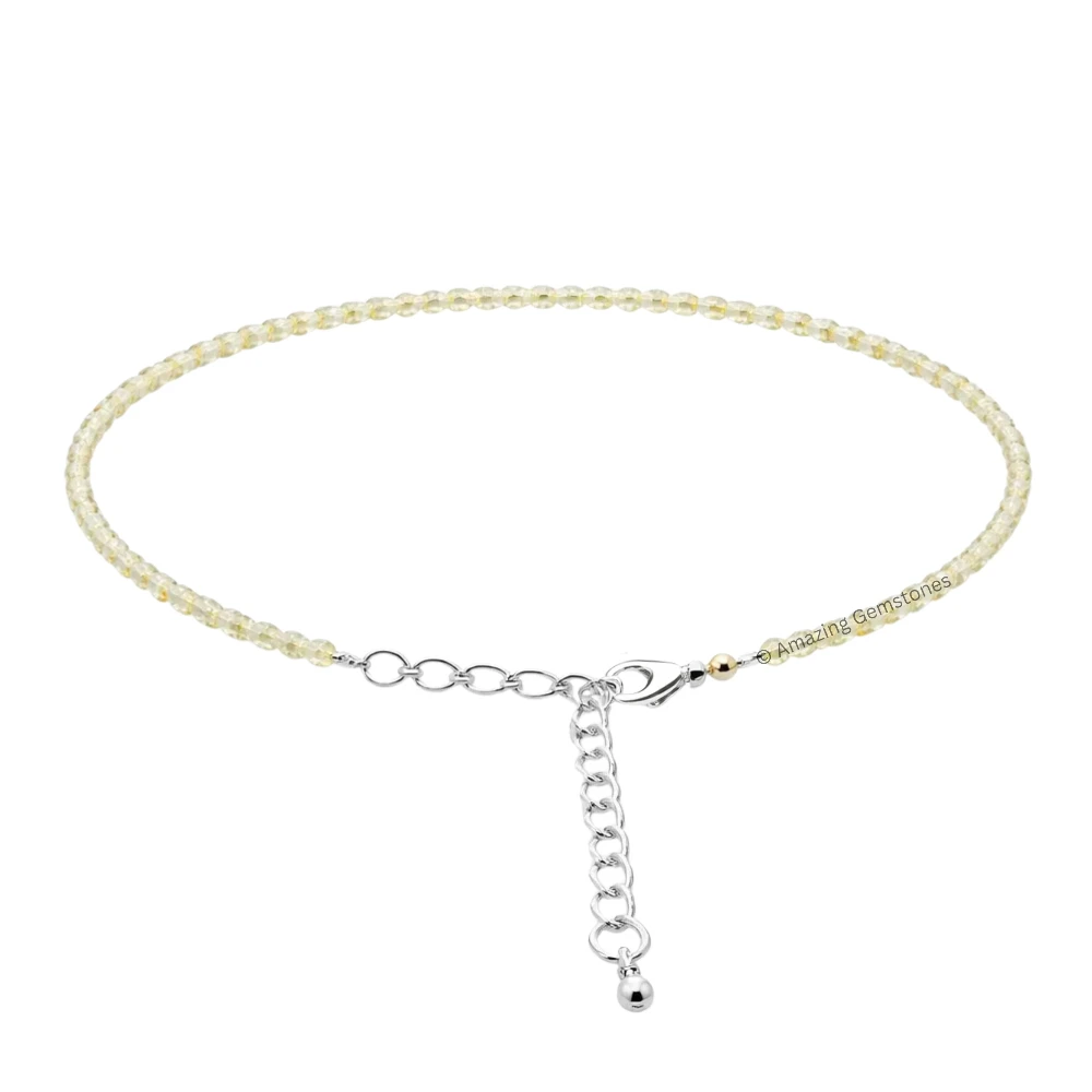 Lemon Quartz Crystal Anklet - 2mm Faceted Bead (Silver)
