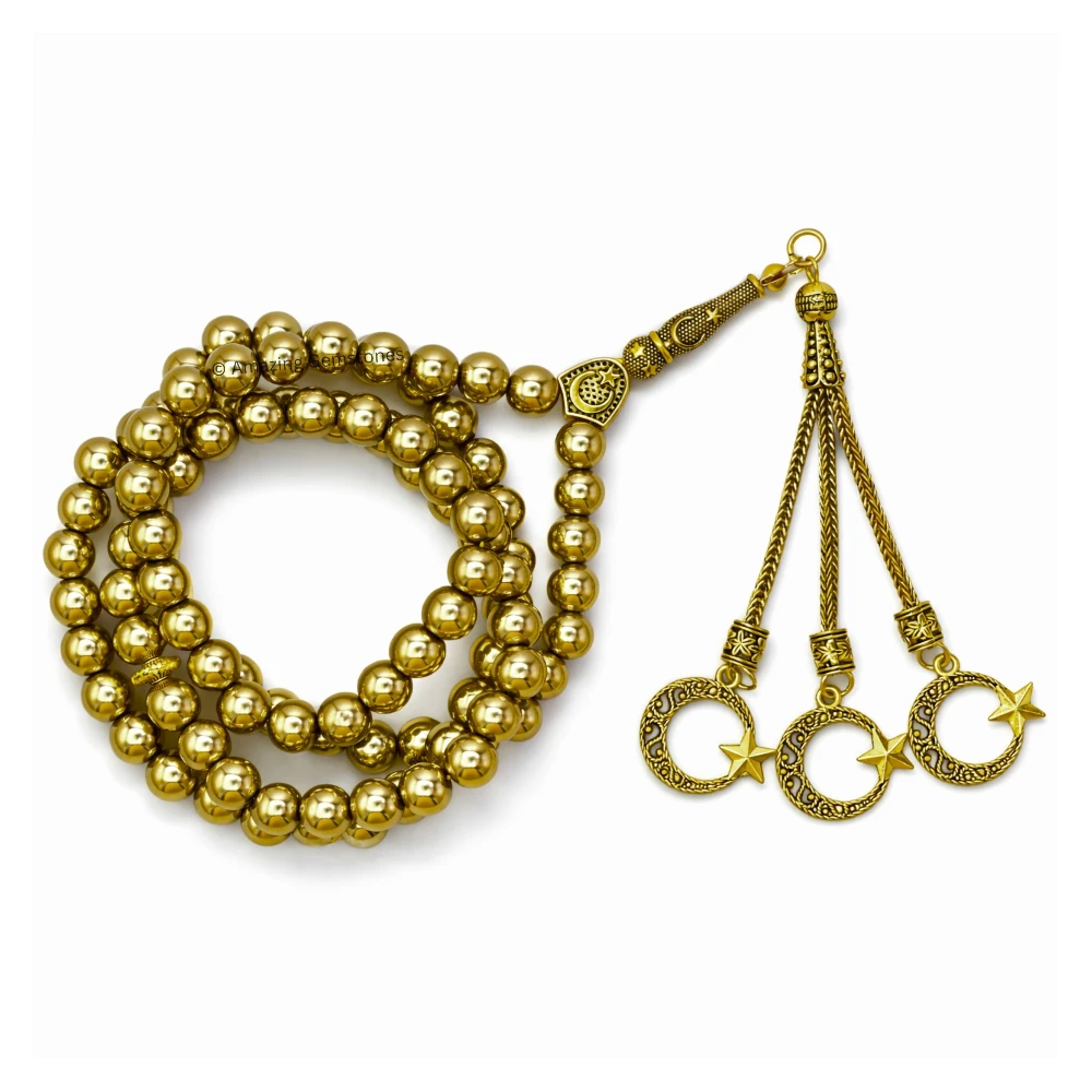 Golden Hematite Crystal Tasbeeh Sibha Prayer Beads (Gold)