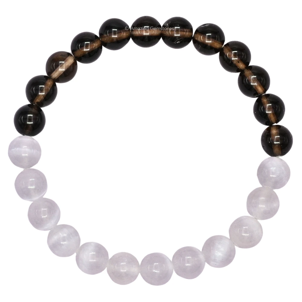 Selenite Smoky Quartz Bracelet (Strechable)