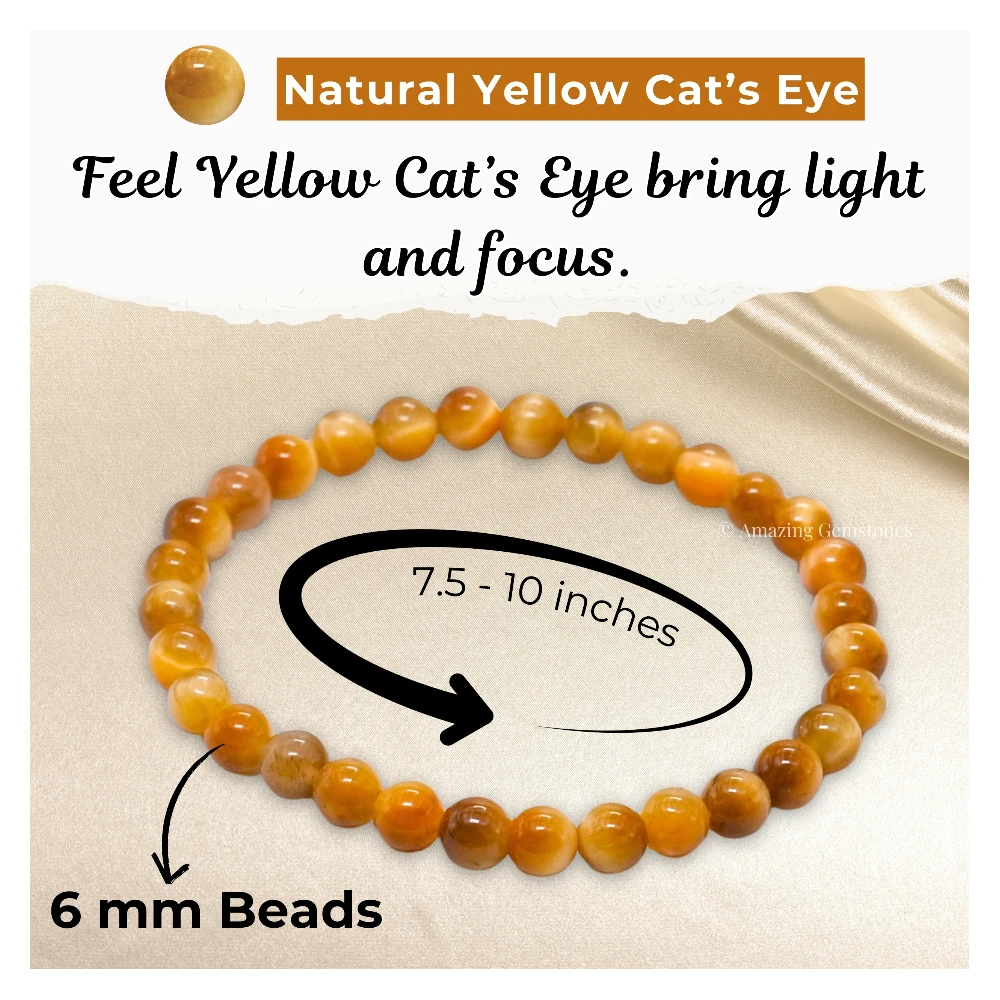 Yellow Cat's Eye Healing Crystal Bracelets - 6mm Beads