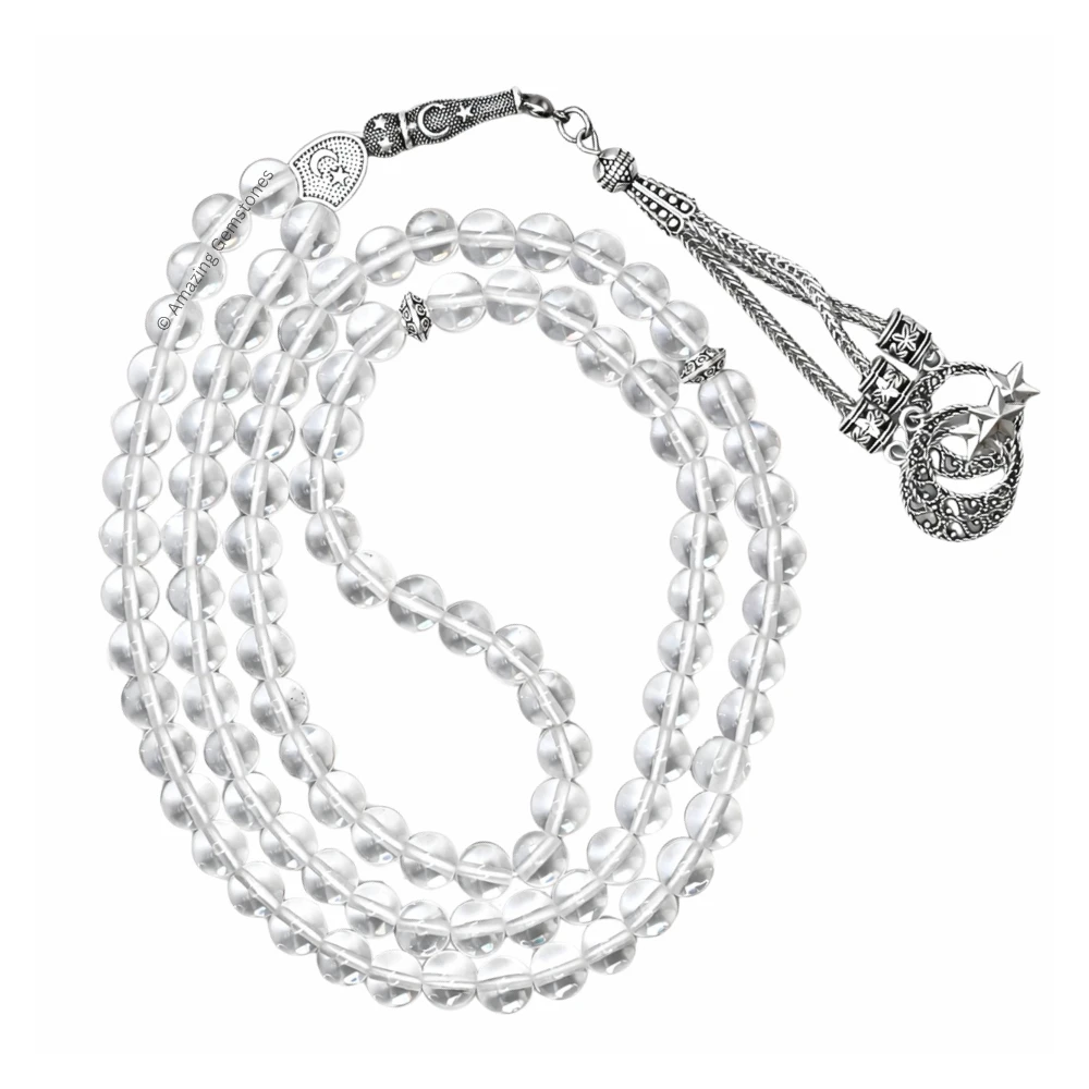 Clear Quartz Crystal Tasbeeh Sibha Prayer Beads (Silver)