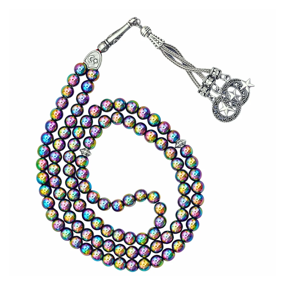 Rainbow Hematite Crystal Tasbeeh Sibha Prayer Beads (Silver)