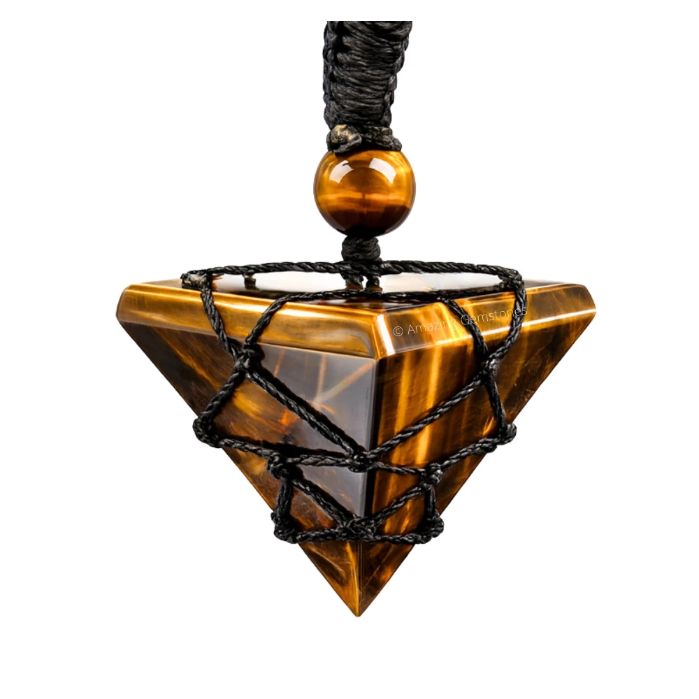 Tiger Eye Pyramid Pendant Necklace (Macrame)