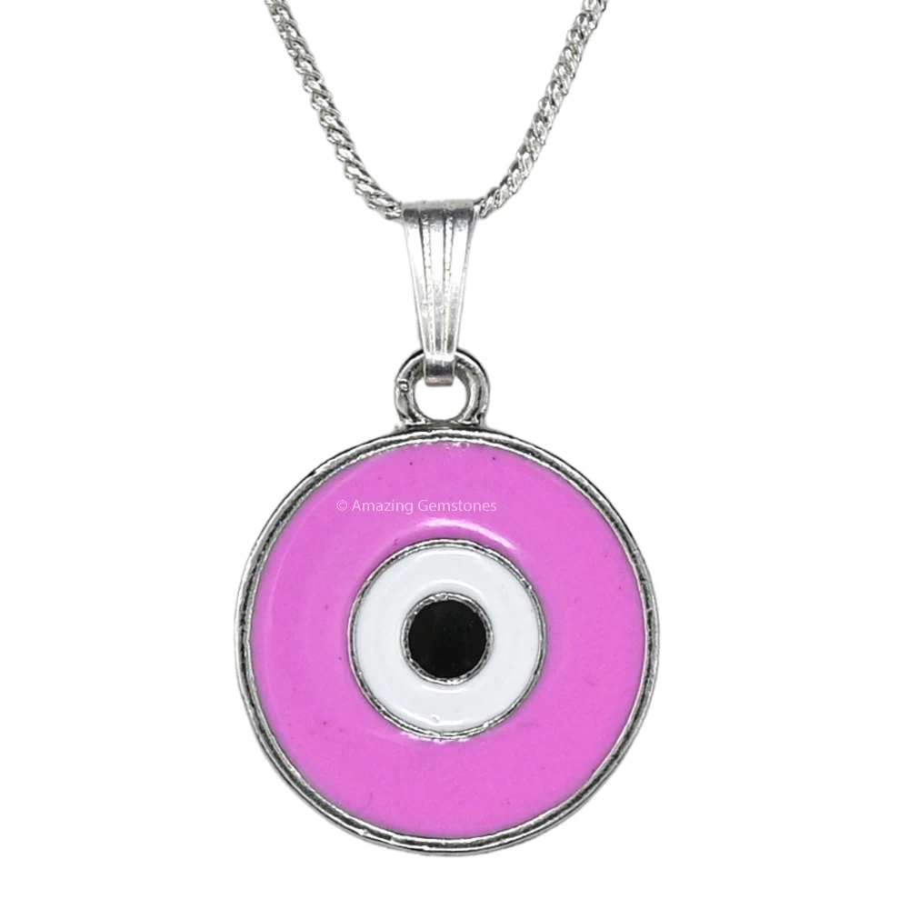 Pink Evil Eye Pendant - Round (Silver)