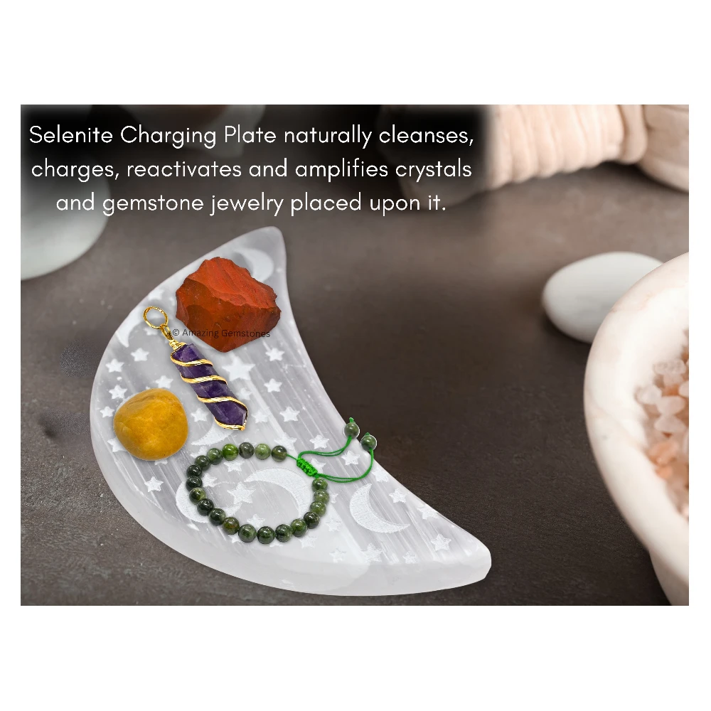 Selenite Charging Plate for Crystals - Crescent Moon & Star