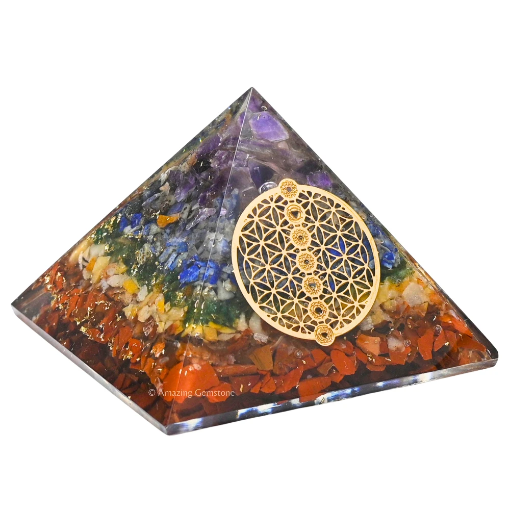Natural Chakra Orgone Pyramid - Chakra Flower of Life