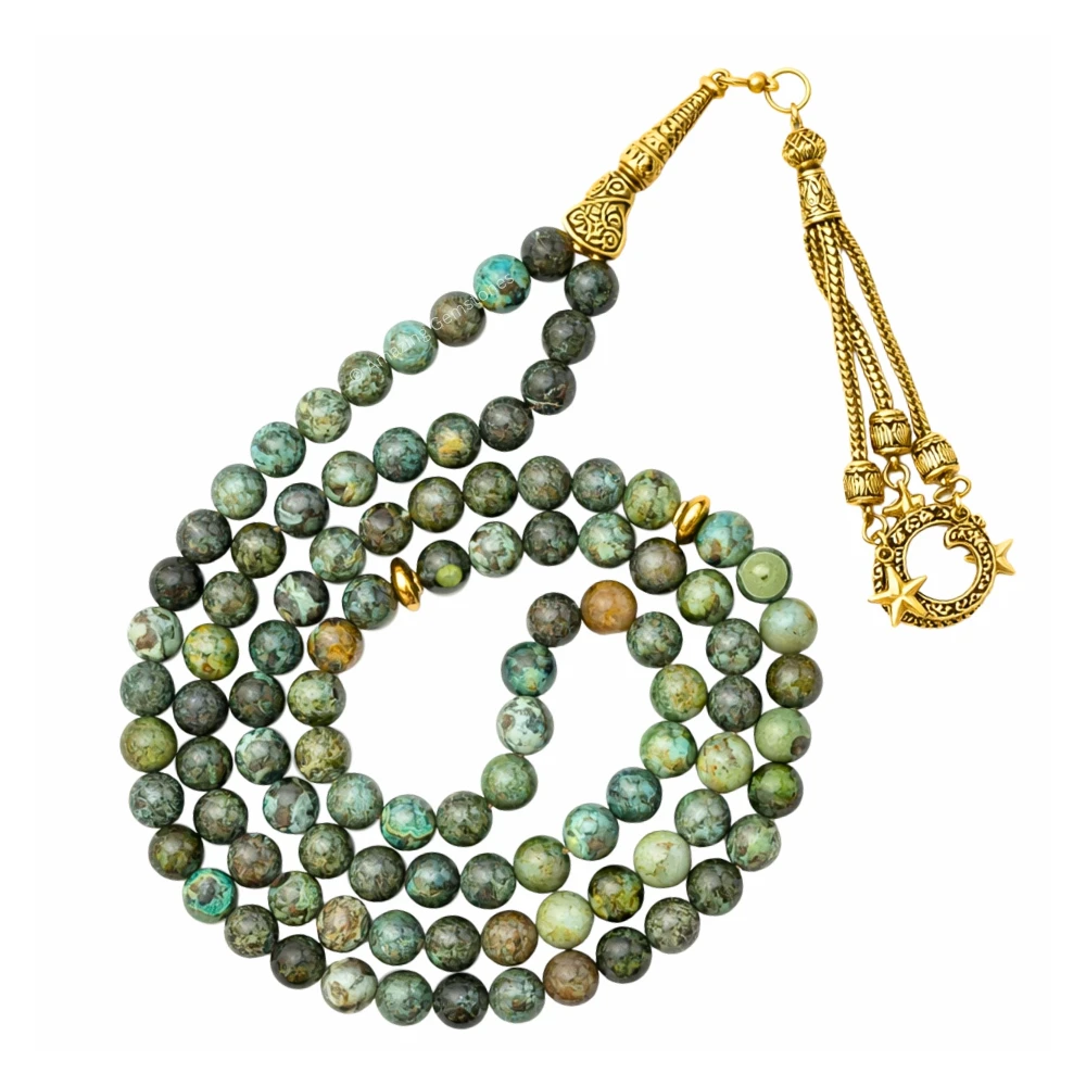 African Turquoise Crystal Tasbeeh Sibha Prayer Beads (Gold)