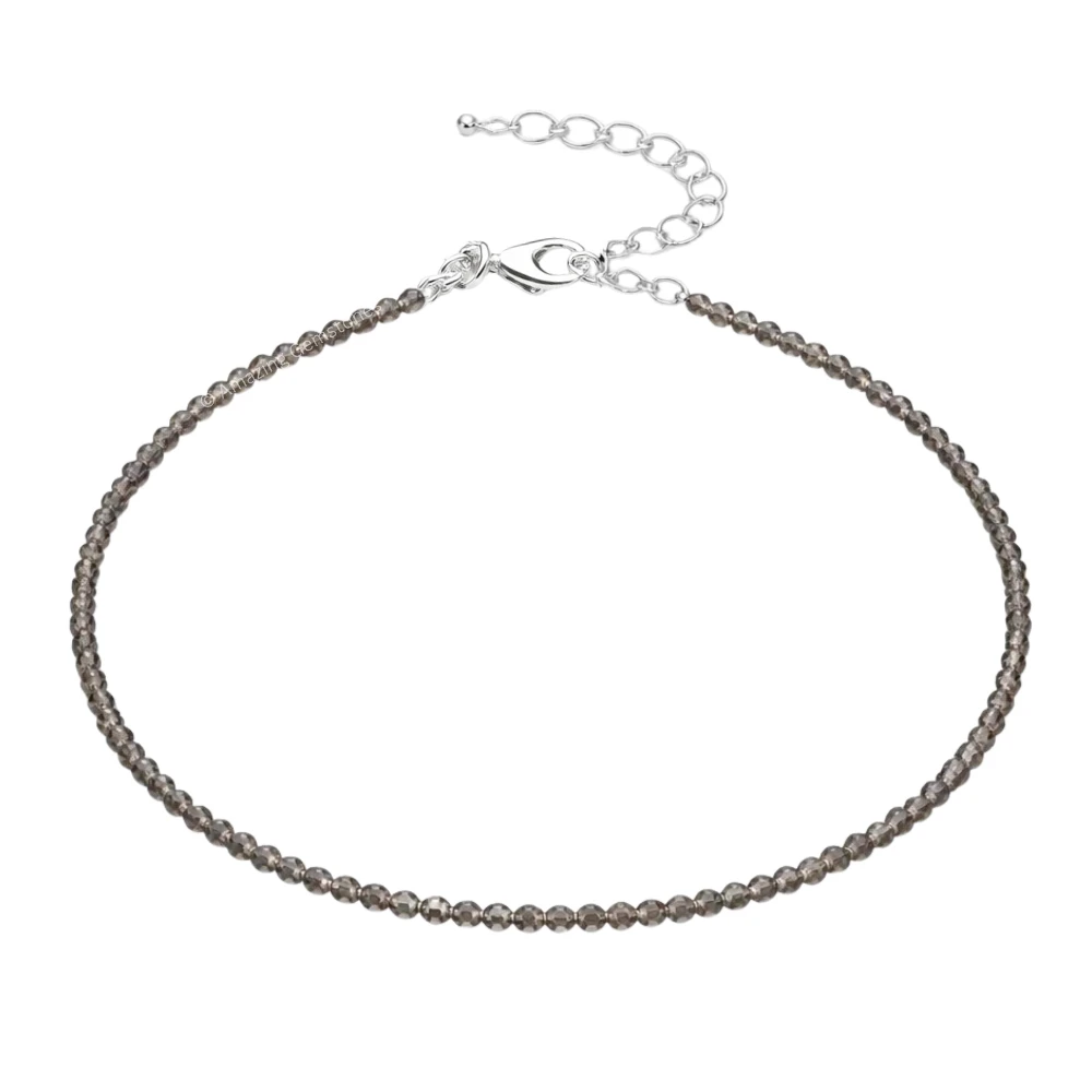 Smoky Quartz Crystal Anklet - 2mm Faceted Bead (Silver)