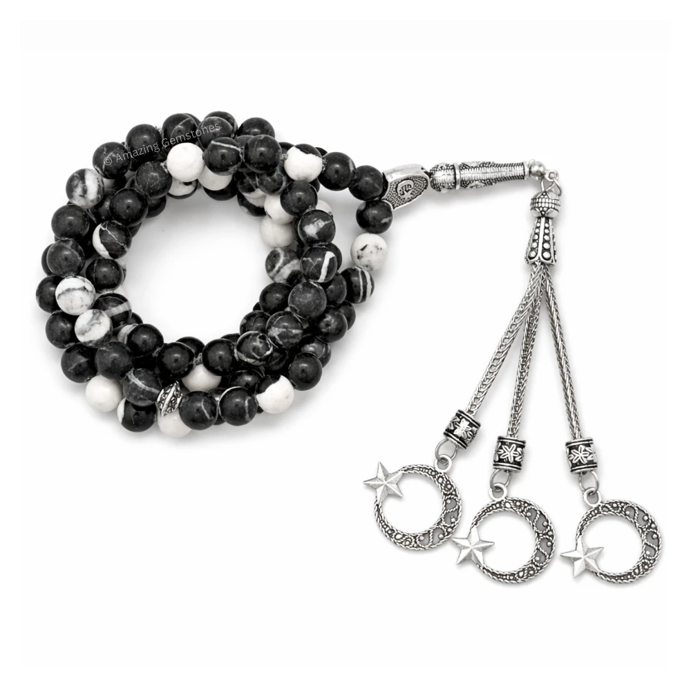 Black and White Jasper Crystal Tasbeeh Sibha Prayer Beads (Silver)