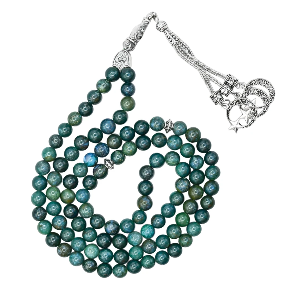 Moss Agate Crystal Tasbeeh Sibha Prayer Beads (Silver)