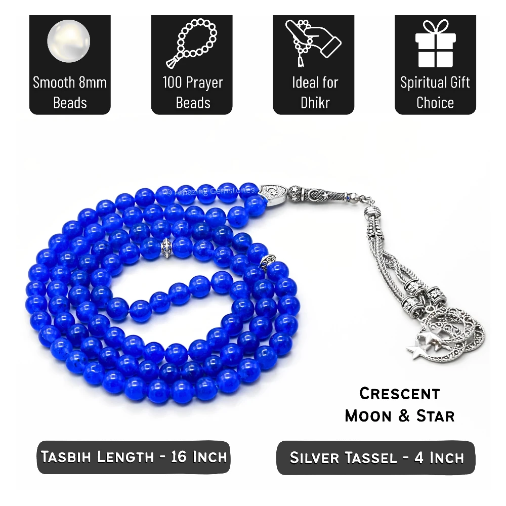 Blue Jade Crystal Tasbeeh Sibha Prayer Beads (Silver)