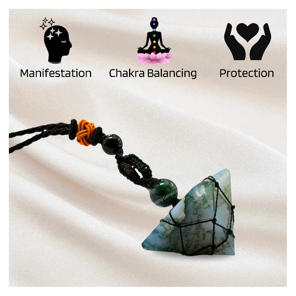 Moss Agate Pyramid Pendant Necklace (Macrame)