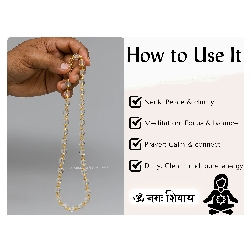 Crystal Quartz Sphatik Mala Necklace (Gold Chain)