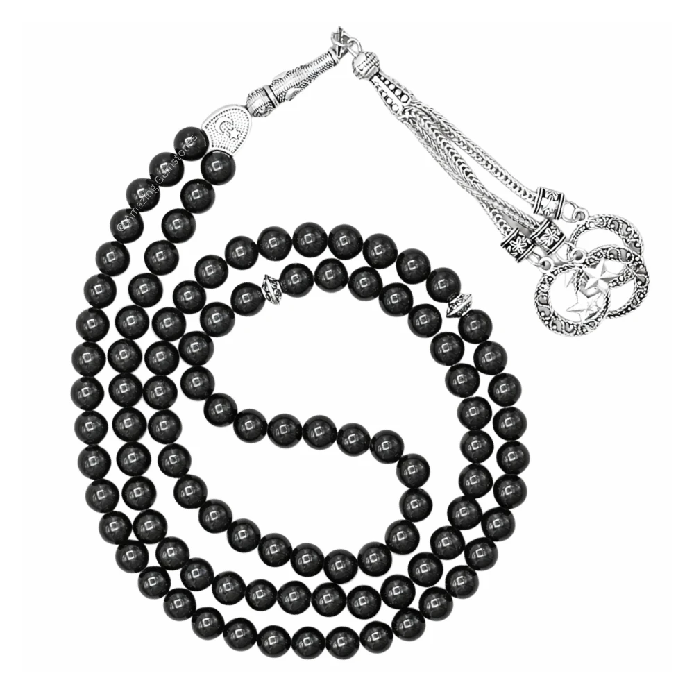 Black Tourmaline Crystal Tasbeeh Sibha Prayer Beads (Silver)