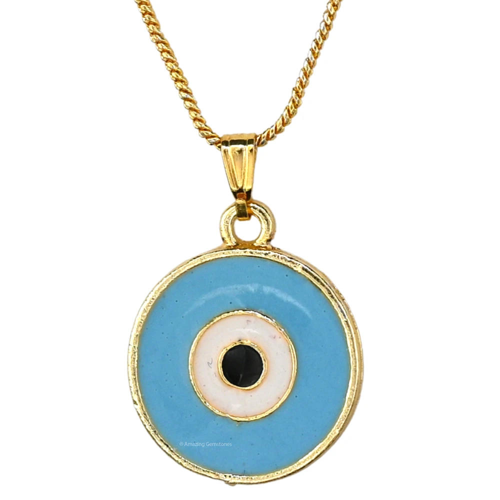 Sky Blue Evil Eye Pendant - Round (Gold)