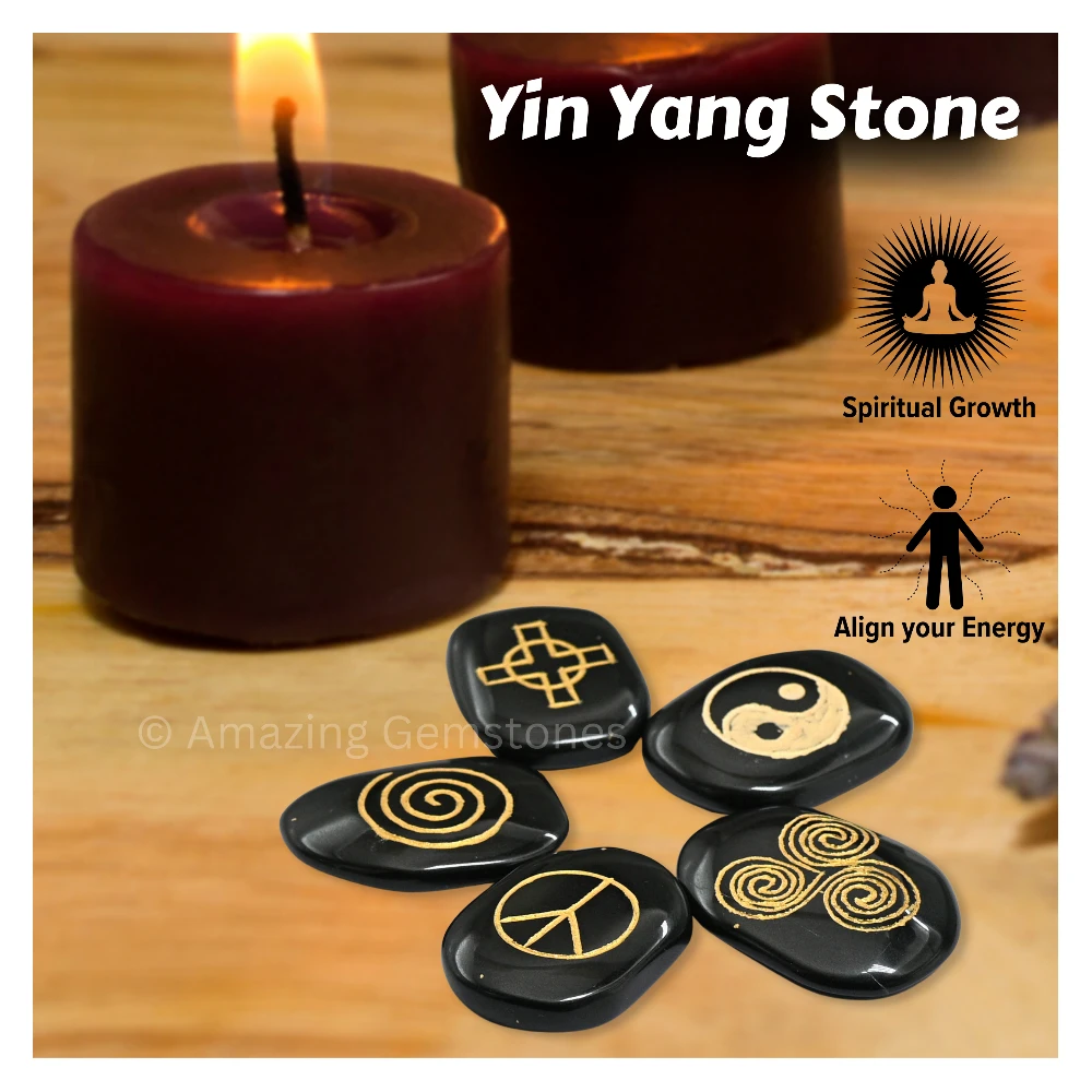 Black Agate Yin Yang, Solar Croass, Spirituality, Triple Spiral and Peace Pagan Stones (Set of 5)