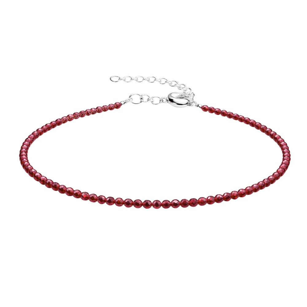 Red Garnet Crystal Anklet - 2mm Faceted Bead (Silver)