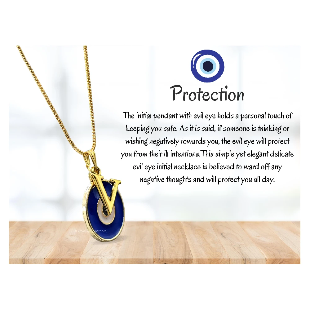 Evil Eye Pendant Necklace with V Initial