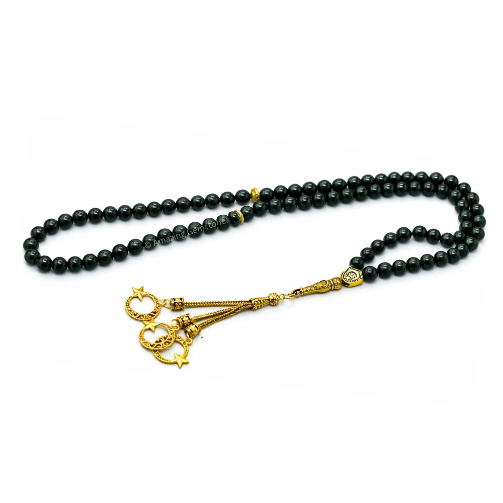 Green Goldstone Crystal Tasbeeh Sibha Prayer Beads (Gold)