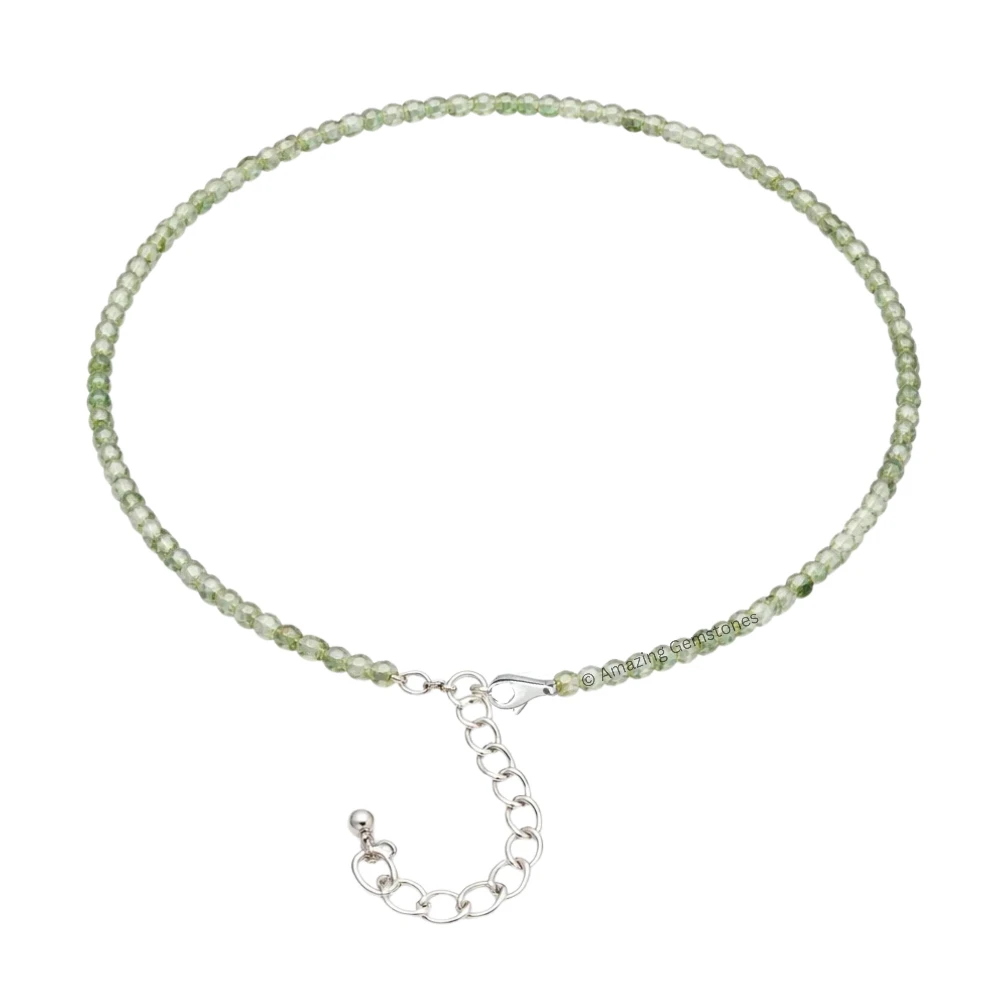 Green Amethyst Crystal Anklet - 2mm Faceted Bead (Silver)